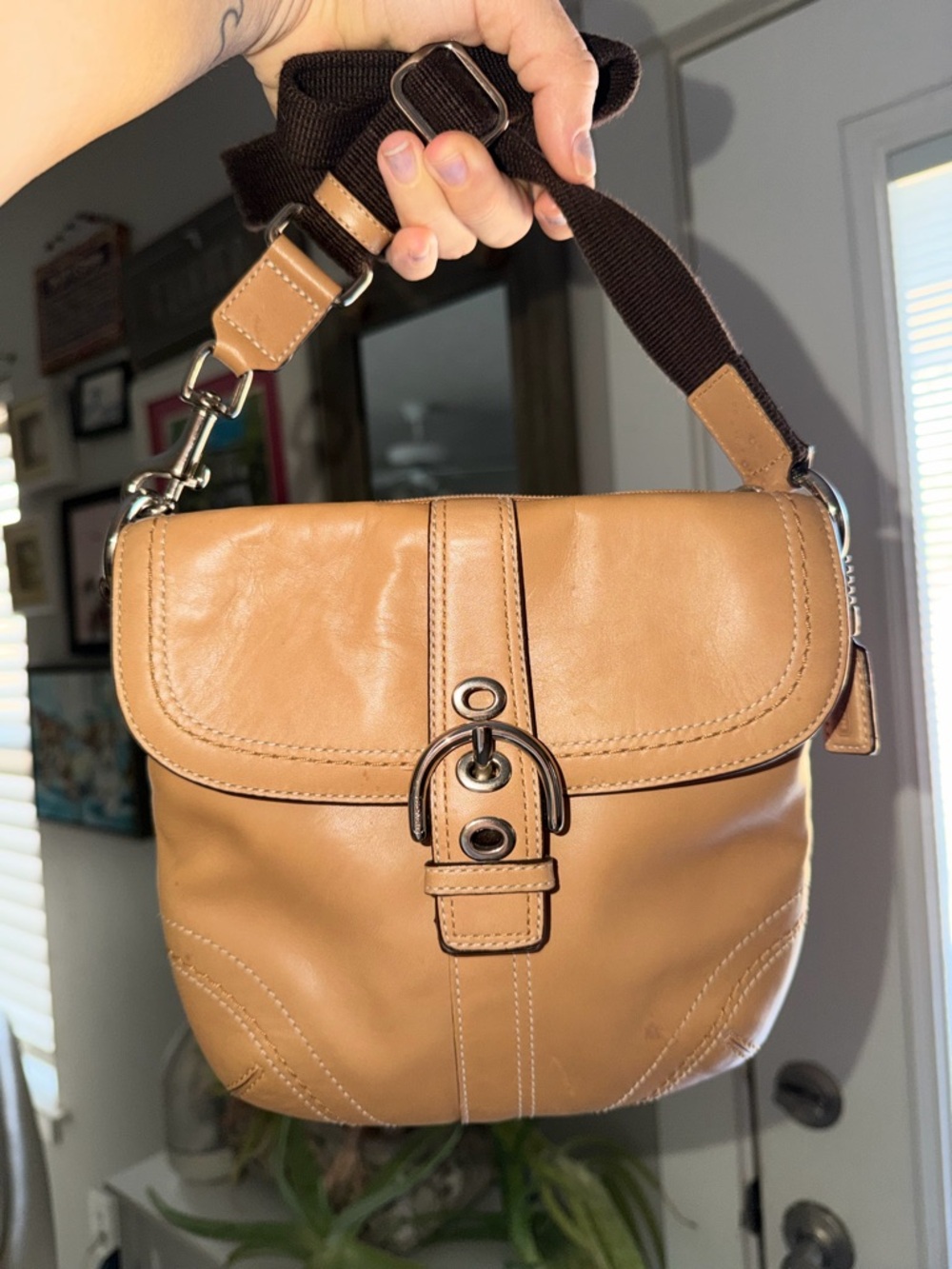 Vintage Coach Tan Leather Crossbody SoHo with Buckle Accent